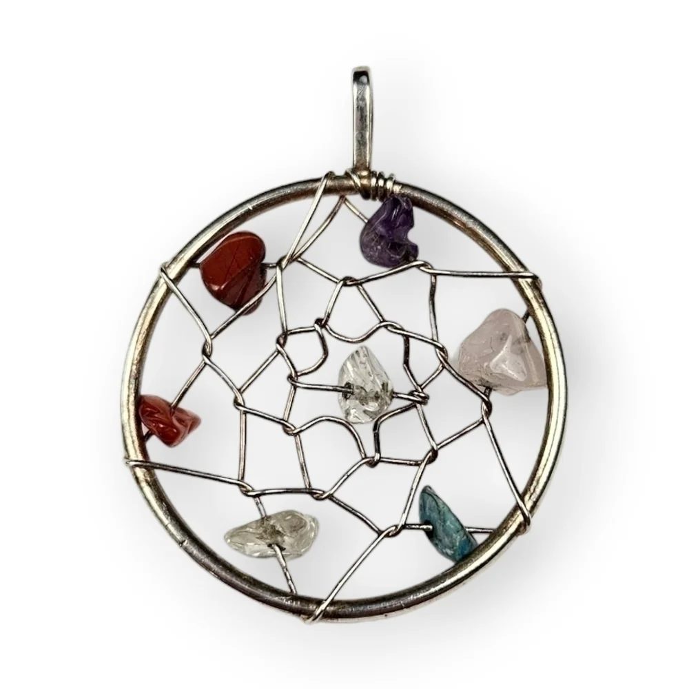 Dreamcatcher Pendant Colorful Gemstone Chip Silver Tone Wire Wrapped Vtg 1 5/8